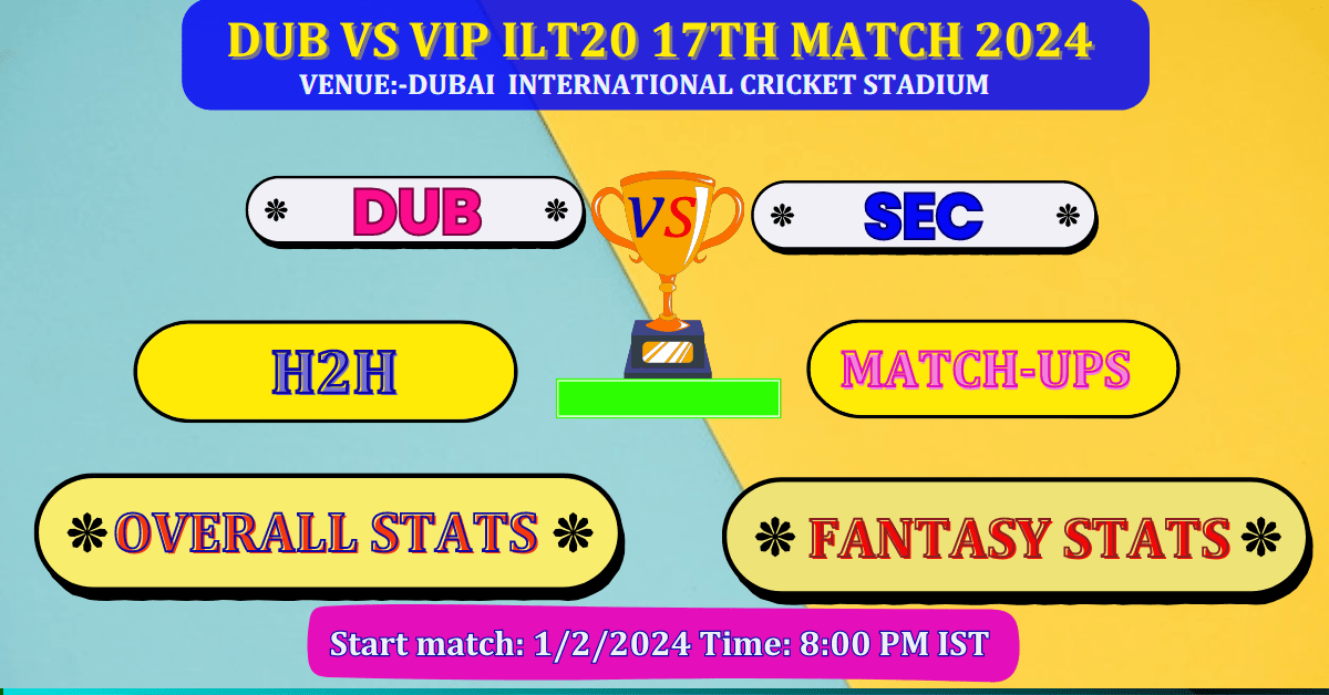 DUB VS VIP ILT20 17TH Match Dream 11 Best Stats